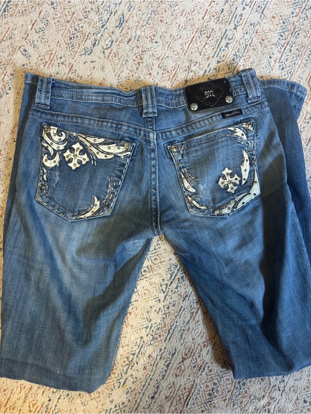 Miss Me Blue Denim Jeans with Embroidered Cream Accents